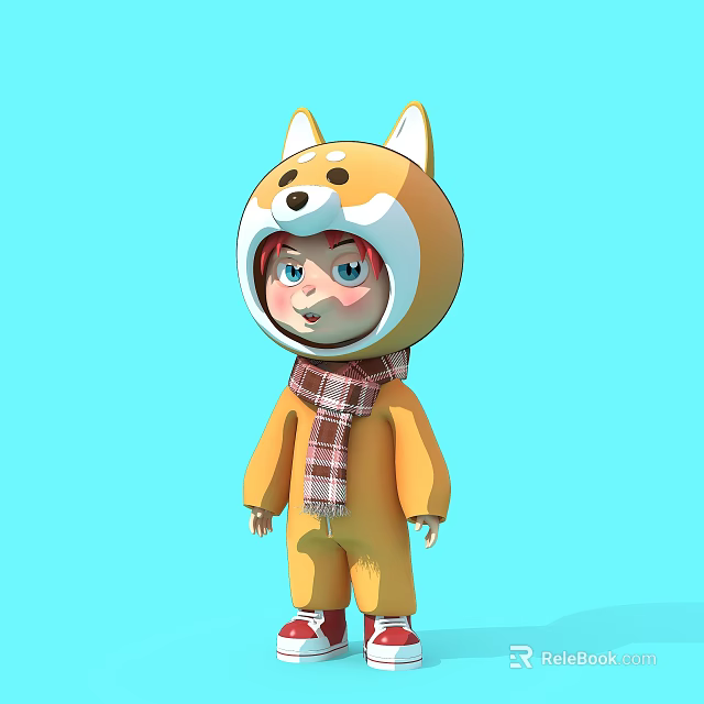 3D Sculpture in Shiba Inu Costume Wearing Yellow Outfit and Plaid Scarf on Blue Background 3d model 
