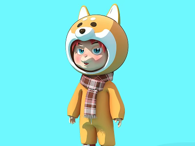 3D Sculpture in Shiba Inu Costume Wearing Yellow Outfit and Plaid Scarf on Blue Background 3d model