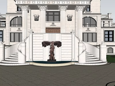 Luxurious Detached Villa with White Exterior Grand Staircase Central Sculpture Columns and Portico 3d model