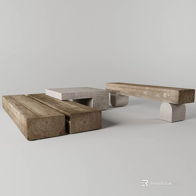 Modern Wooden Stools With Concrete Base And Natural Wood Texture Design 3d model 