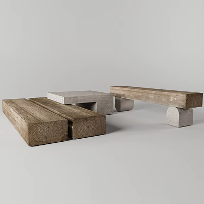 Modern Wooden Stools With Concrete Base And Natural Wood Texture Design 3d model