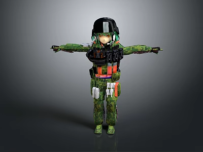 3D Model Character In Camouflage Uniform With Black Helmet Green Hair And Tactical Gear 3d model