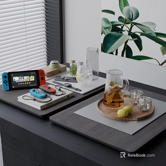 Decorative Ornament Combination with Game Console Glassware Lemons Plant Artwork on Table Blinds Background 3d model 