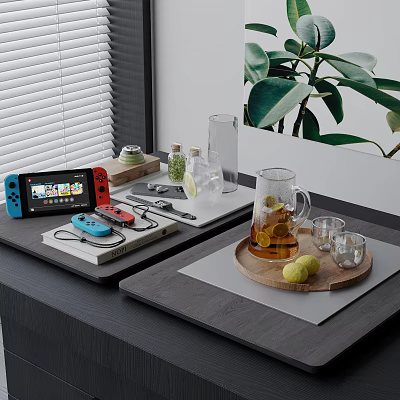 Decorative Ornament Combination with Game Console Glassware Lemons Plant Artwork on Table Blinds Background 3d model