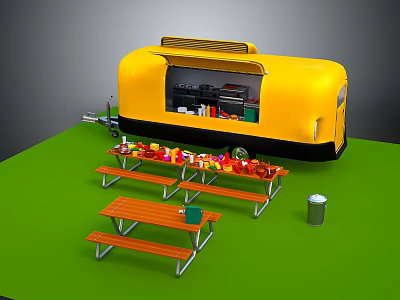 Yellow Food Truck With Outdoor Picnic Tables And Assorted Food Drinks 3d model