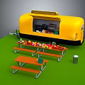 Yellow Food Truck With Outdoor Picnic Tables And Assorted Food Drinks