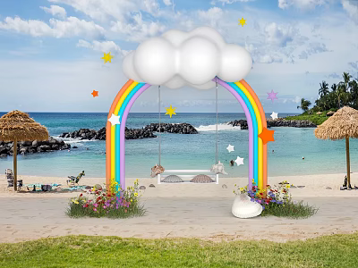 Beach Themed Living Supplies With Rainbow Arch Cloud Decor Swing And Flowers 3d model