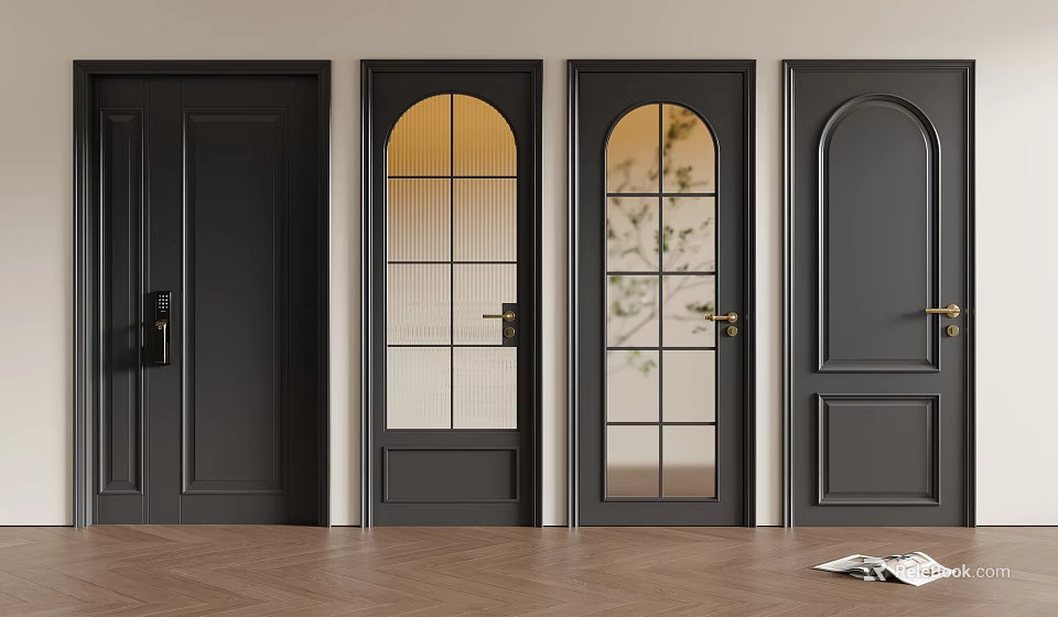Modern Black Hinged Doors with Arched Glass Grid Design and Golden Handles on Wooden Floor 3d model 