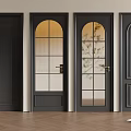 Modern Black Hinged Doors with Arched Glass Grid Design and Golden Handles on Wooden Floor