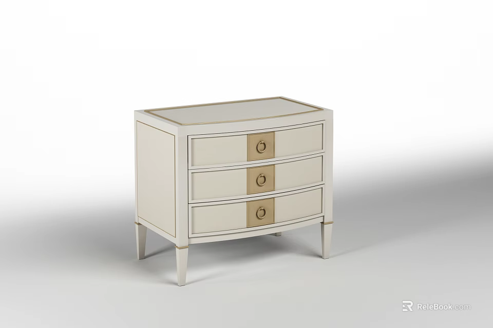 Modern Light Colored Nightstand With Three Drawers And Gold Handles Trim 3d model 