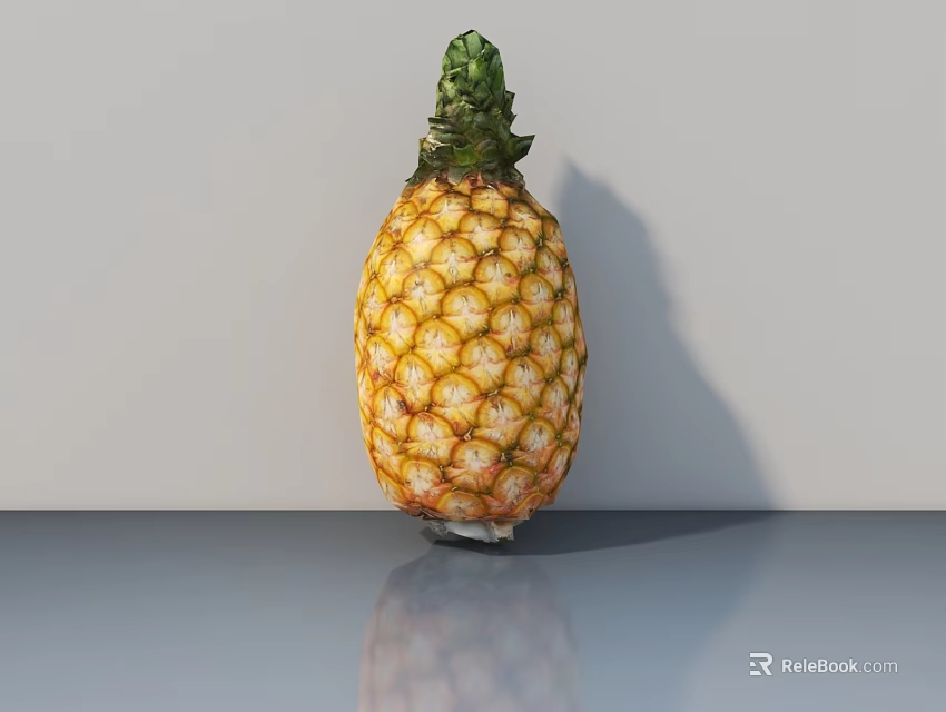 Fresh Ripe Pineapple With Green Leaves On Gray Reflective Surface 3d model 