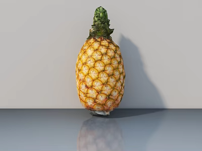 Fresh Ripe Pineapple With Green Leaves On Gray Reflective Surface 3d model