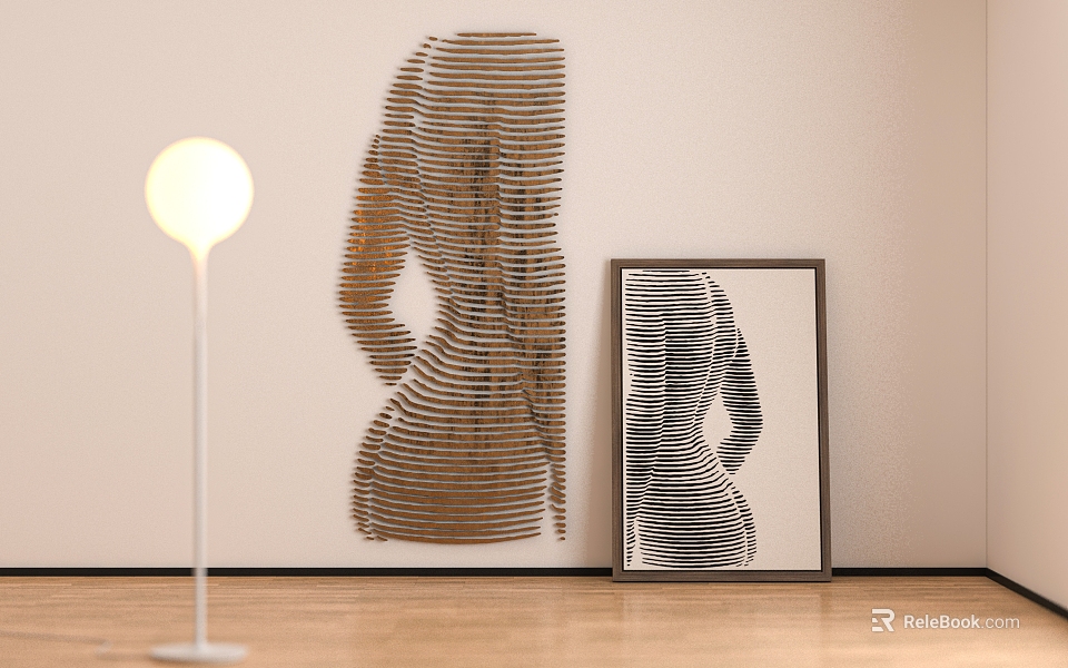 3D Striped Figure Art And Framed Painting In Interior With Floor Lamp And Wooden Floor 3d model 