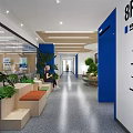 Modern Office Corridor With Blue Accents Green Plants And Seating Areas