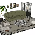 Sofa Coffee Table Combination with Green Sofa Round Coffee Table Patterned Rug Indoor Plant Artwork 3d model