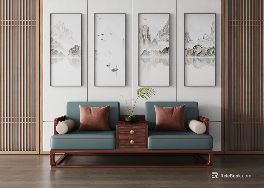 Elegant Chinese Luohan Bed With Soft Cushions Wooden Side Cabinet And Wall Paintings 3d model 