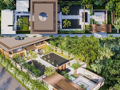 Traditional Garden Landscape Design With Courtyard Stone Pathways And Lush Greenery 3d model