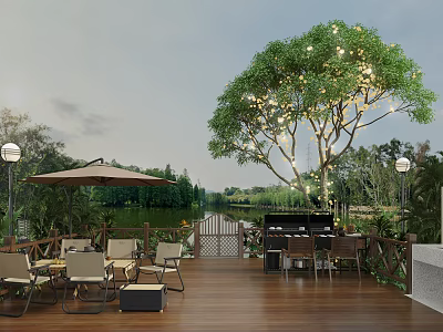 Serene Garden Landscape with Wooden Deck Tables Chairs Umbrella Tree String Lights Lake Greenery 3d model