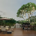 Serene Garden Landscape with Wooden Deck Tables Chairs Umbrella Tree String Lights Lake Greenery