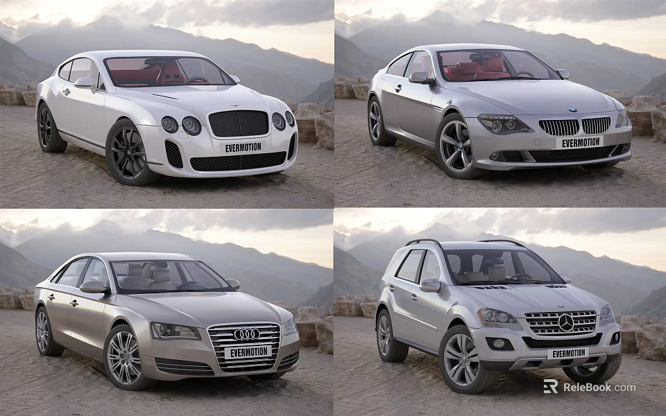 Luxury Cars Collection Featuring Sedan And SUV Models Against Mountain Backdrop 3d model 