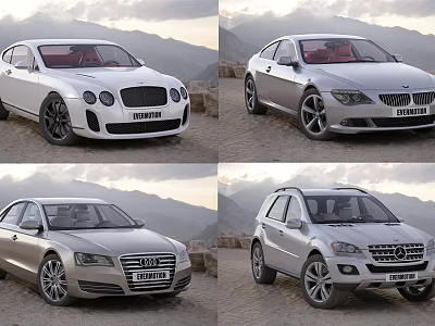 Luxury Cars Collection Featuring Sedan And SUV Models Against Mountain Backdrop 3d model
