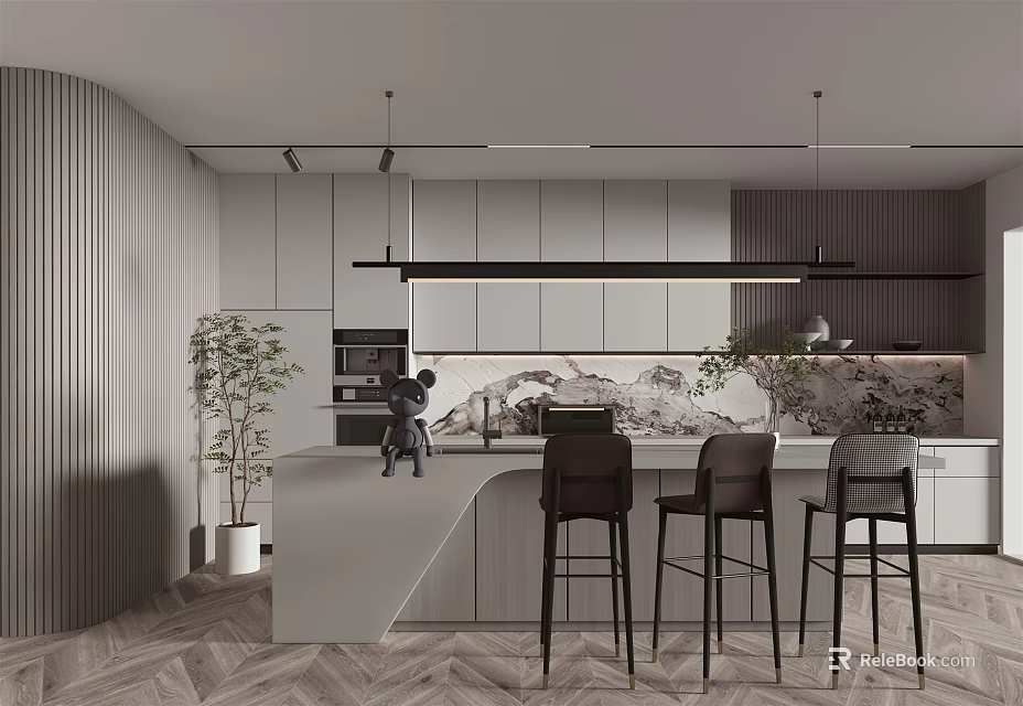 Modern Bar Counter With Gray Marble Top Black Stools Pendant Lights And Green Plant 3d model 
