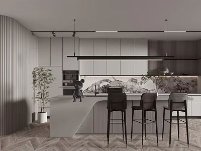 Modern Bar Counter With Gray Marble Top Black Stools Pendant Lights And Green Plant 3d model