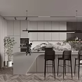 Modern Bar Counter With Gray Marble Top Black Stools Pendant Lights And Green Plant