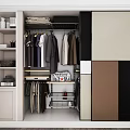 Modern Wardrobe Interior With Multi Colored Panels Hanging Clothes And Storage Shelves 3d model