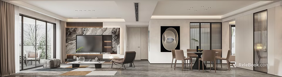 Modern Living and Dining Room Interior With TV Wall Sofa Dining Table And Artwork 3d model