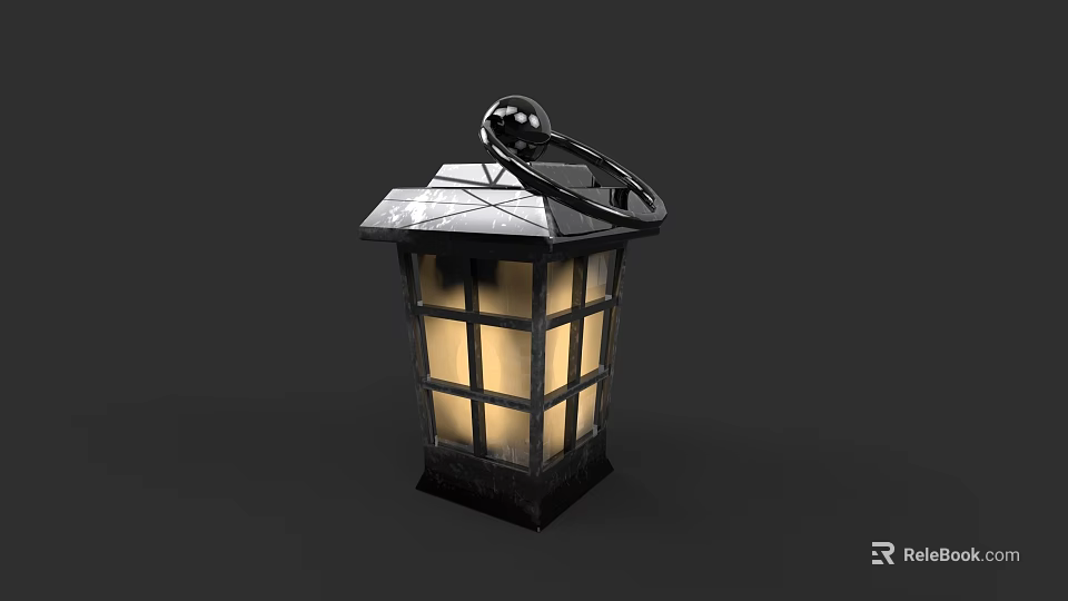 Traditional Illuminated Lantern With Black Decorative Metal Frame And Glass Panels 3d model 
