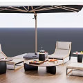 Outdoor Table with Lounge Chairs Umbrella on Wooden Deck Tray with Snacks Setup