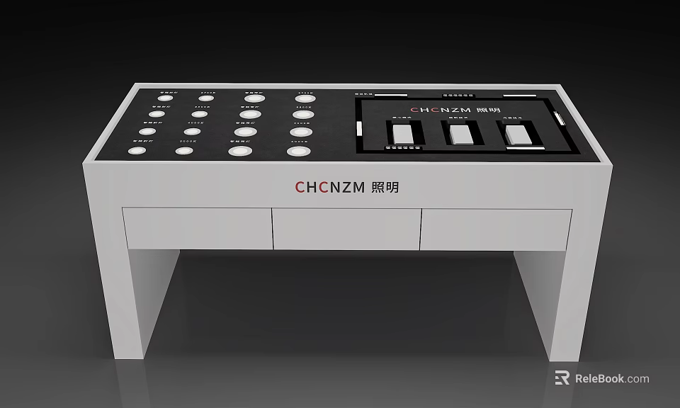 White Display Shelf With Multiple Circular Display Slots And Storage Drawers 3d model 
