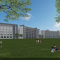 Modern School Buildings With Large Windows Green Lawn And Trees Under Blue Sky