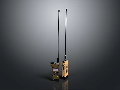 Two Weapon Grade Walkie Talkies With Long Antennas Yellow Brown On Gray Background 3d model