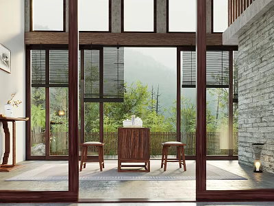 Traditional Tea Room Interior With Wooden Furniture Large Windows And Scenic Mountain View 3d model
