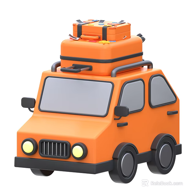 Stylish Orange Small Car Featuring Luggage And Suitcase On Roof Ideal For Travel 3d model 