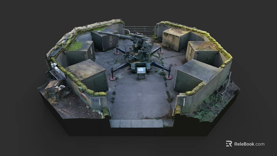 Old Military Cannon in Moss Covered Fortification With Bunker Structures 3d model 