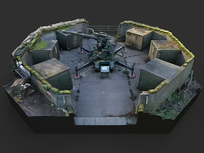 Old Military Cannon in Moss Covered Fortification With Bunker Structures 3d model