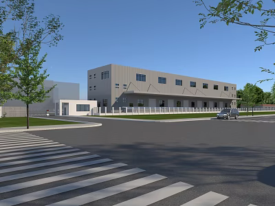 Modern Industrial Factory Building Exterior With Steel Structure Large Windows Road And Green Trees 3d model
