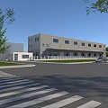 Modern Industrial Factory Building Exterior With Steel Structure Large Windows Road And Green Trees