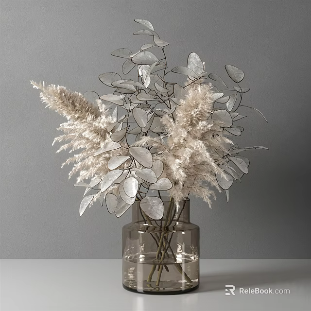 Floral Arrangement in Transparent Glass Vase with Silver Leaves and White Flowers on Gray Background 3d model 
