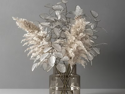 Floral Arrangement in Transparent Glass Vase with Silver Leaves and White Flowers on Gray Background 3d model