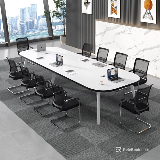 White Conference Table With Black Chairs Laptops Large Windows And City View 3d model 