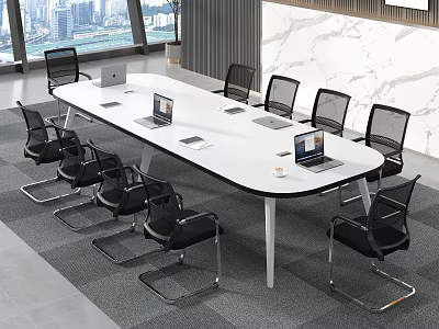 White Conference Table With Black Chairs Laptops Large Windows And City View 3d model