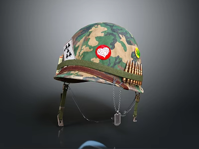 Camouflage Military Helmet With Decorative Stickers And Bullet Belt Accents 3d model