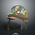 Camouflage Military Helmet With Decorative Stickers And Bullet Belt Accents