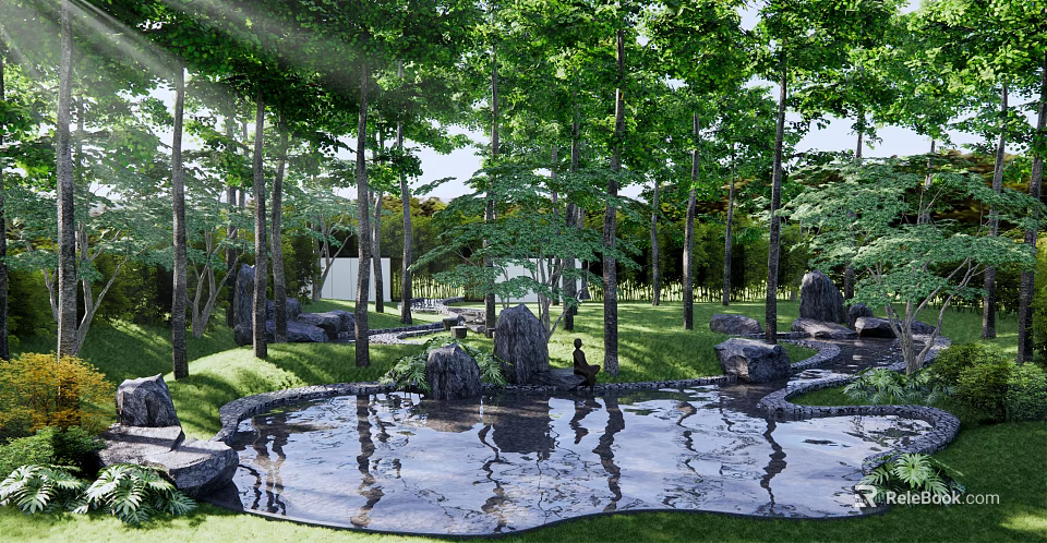 Scenic Park Landscape With Tall Trees Sunlight Filtering Through Leaves Pond And Rocks Reflections 3d model 