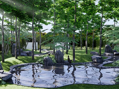 Scenic Park Landscape With Tall Trees Sunlight Filtering Through Leaves Pond And Rocks Reflections 3d model