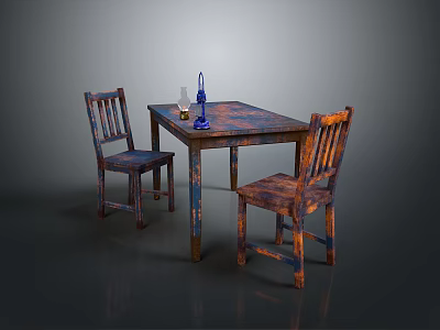 Vintage Dining Table Set with Two Distressed Wood Chairs and Blue Decorative Bottle 3d model